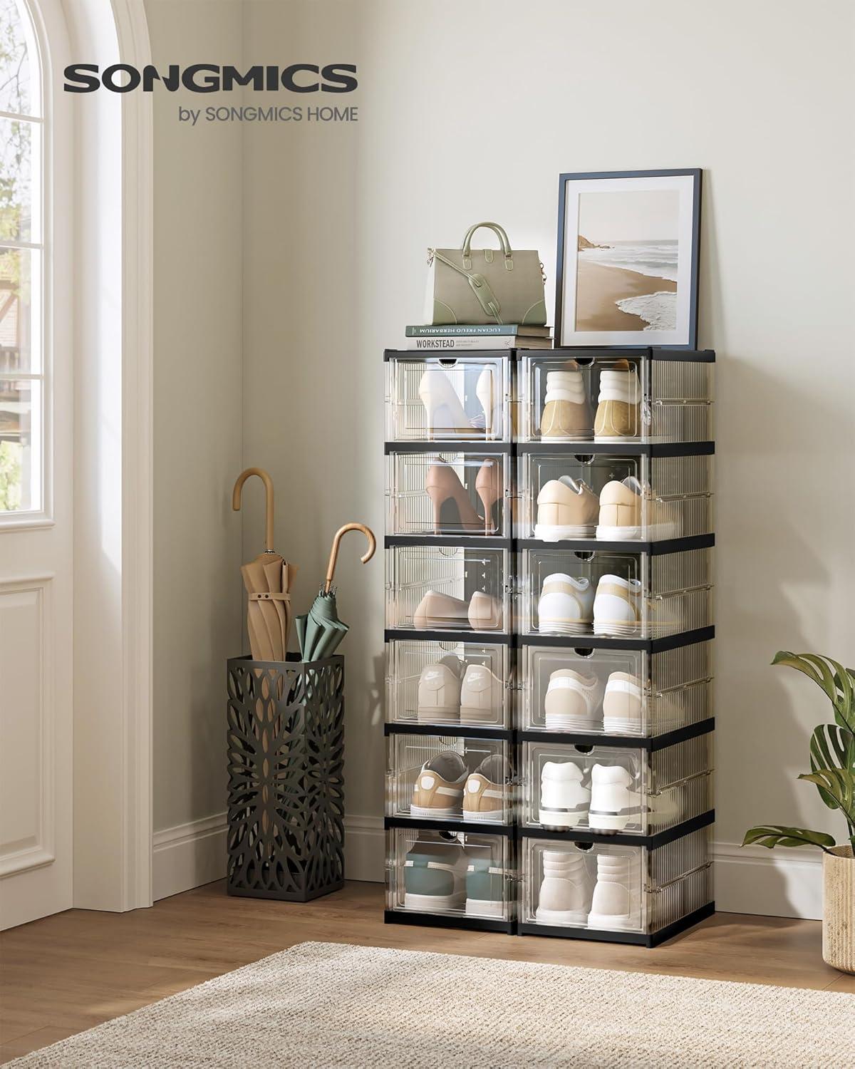 imageSONGMICS Foldable Shoe Boxes Pack of 18 Stackable Shoe Storage Organizer Set of 3 Integraed Shoe Cabinets Portable Fit up to US Size 13 60s Assembly Transparent and Ink Black ULSP207B01Transparent  Ink Black