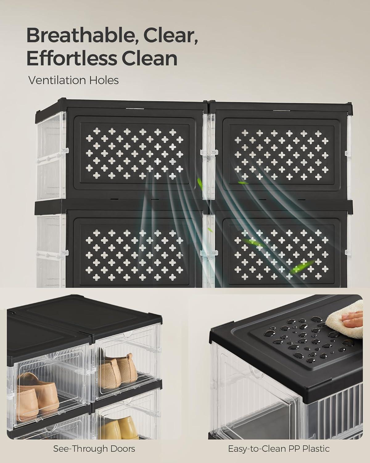 imageSONGMICS Foldable Shoe Boxes Pack of 18 Stackable Shoe Storage Organizer Set of 3 Integraed Shoe Cabinets Portable Fit up to US Size 13 60s Assembly Transparent and Ink Black ULSP207B01Transparent  Ink Black