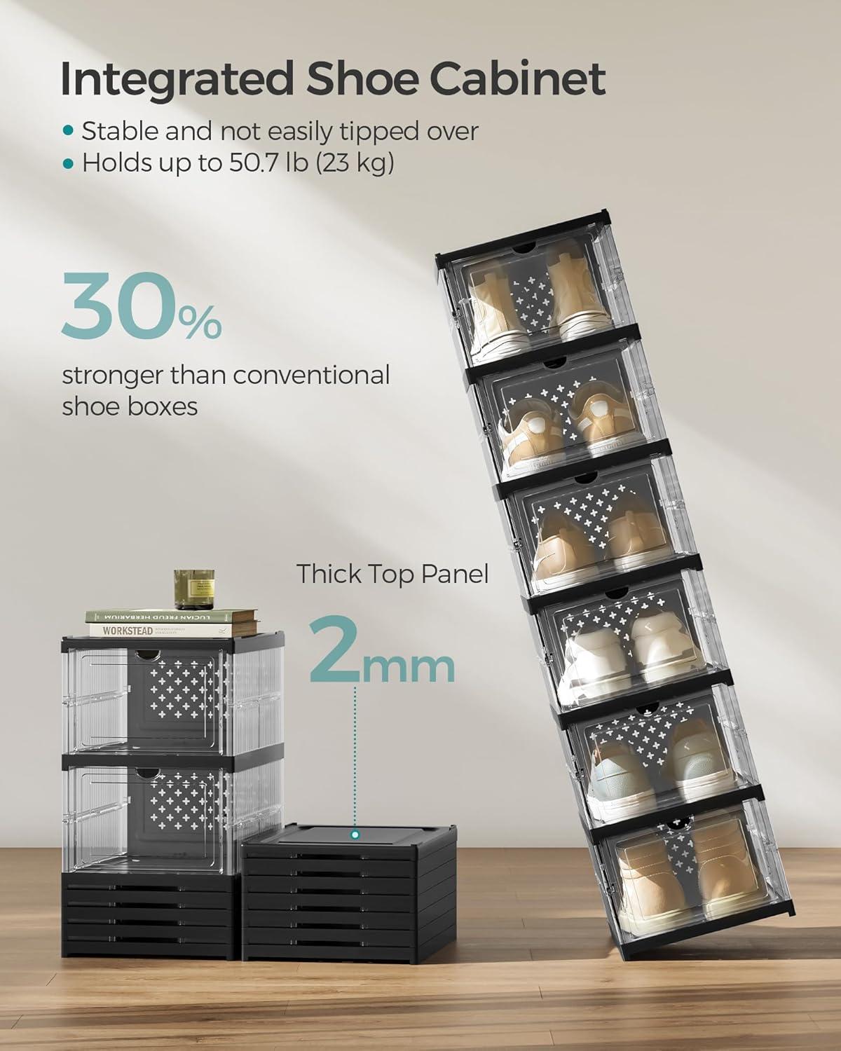 imageSONGMICS Foldable Shoe Boxes Pack of 18 Stackable Shoe Storage Organizer Set of 3 Integraed Shoe Cabinets Portable Fit up to US Size 13 60s Assembly Transparent and Ink Black ULSP207B01Transparent  Ink Black