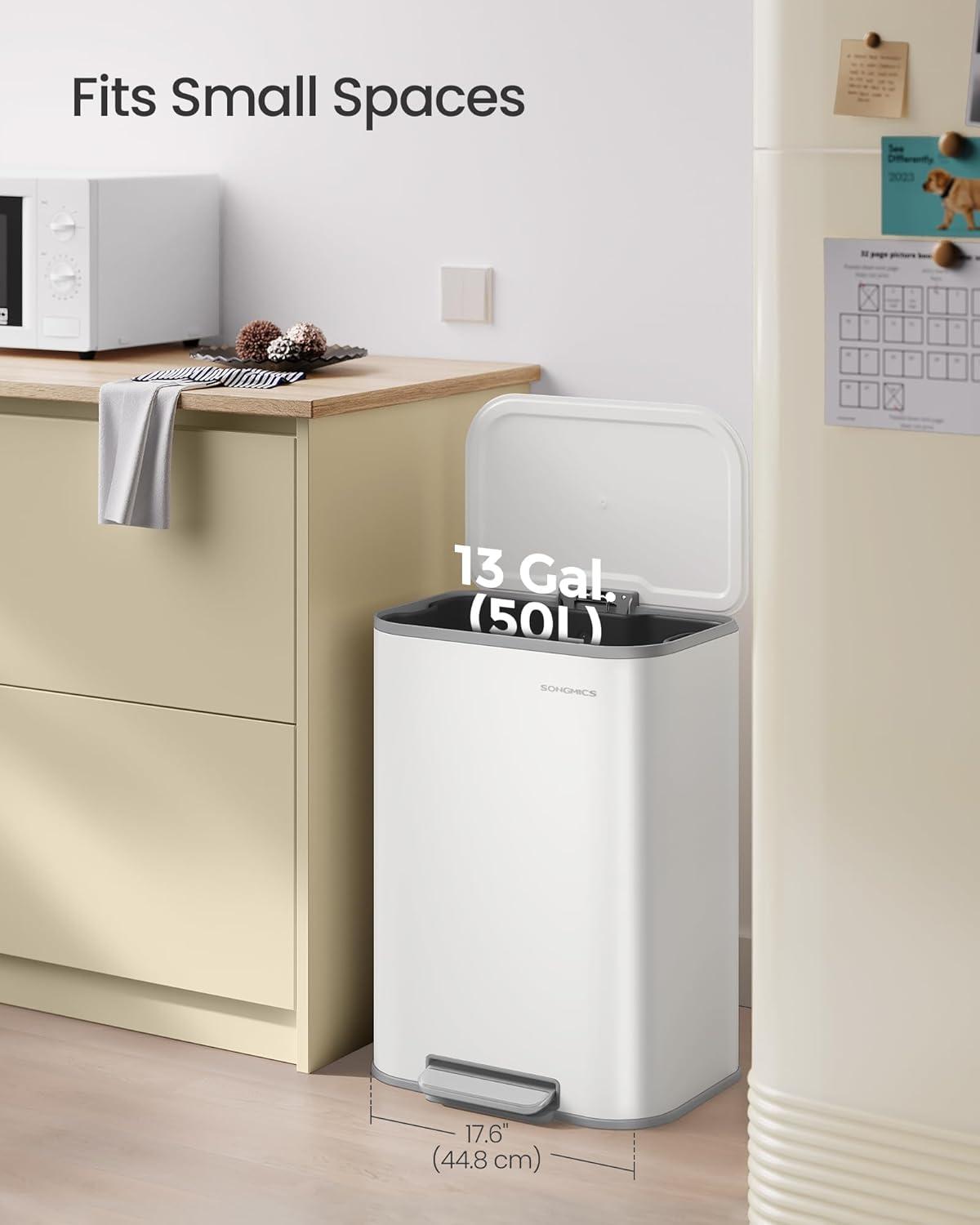 imageSONGMICS Kitchen Trash Can 13Gallon 50 L Garbage Can with Lid Stainless Steel Soft Close and Stays Open Inner Bucket Wide NonSlip Pedal Ink Black ULTB547B01Cloud White