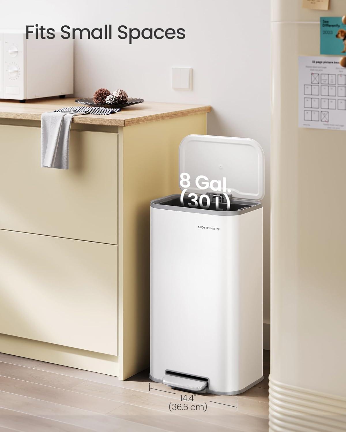 imageSONGMICS Kitchen Trash Can 13Gallon 50 L Garbage Can with Lid Stainless Steel Soft Close and Stays Open Inner Bucket Wide NonSlip Pedal Ink Black ULTB547B01Cloud White