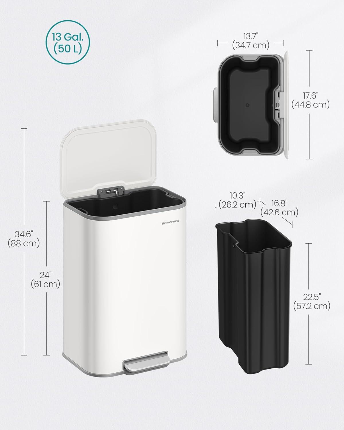 imageSONGMICS Kitchen Trash Can 13Gallon 50 L Garbage Can with Lid Stainless Steel Soft Close and Stays Open Inner Bucket Wide NonSlip Pedal Ink Black ULTB547B01Cloud White
