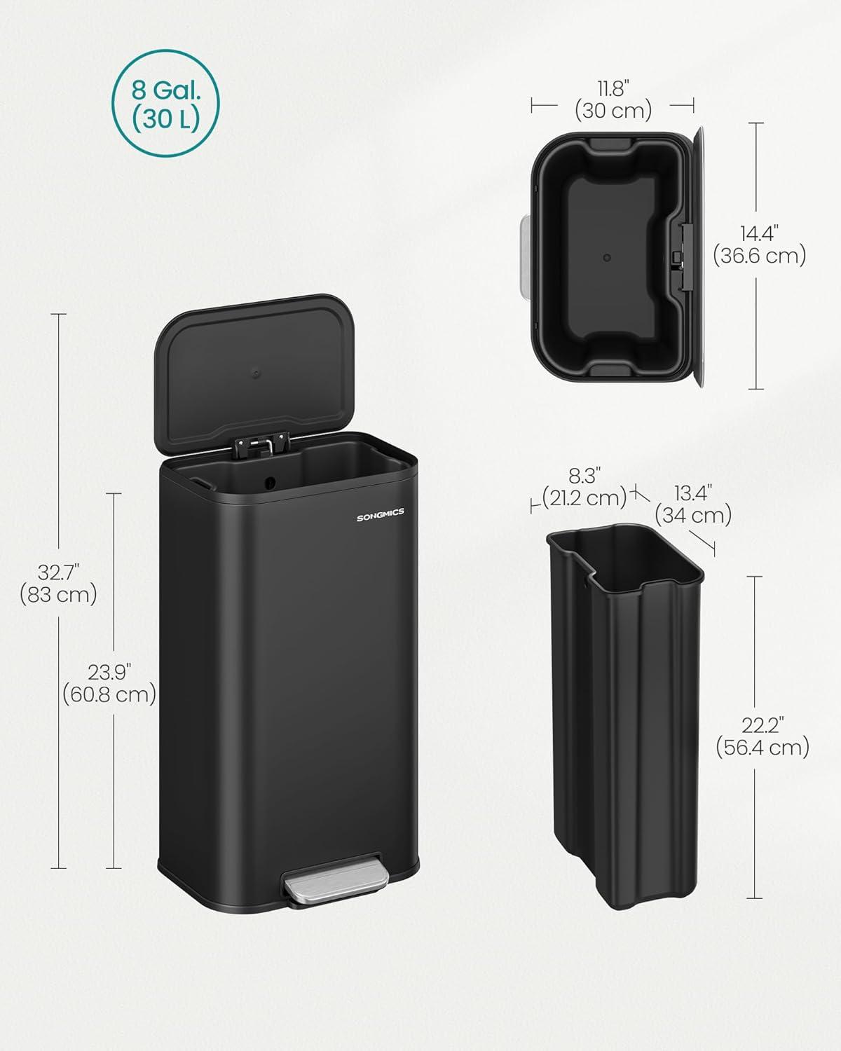 imageSONGMICS Kitchen Trash Can 13Gallon 50 L Garbage Can with Lid Stainless Steel Soft Close and Stays Open Inner Bucket Wide NonSlip Pedal Ink Black ULTB547B01Ink Black