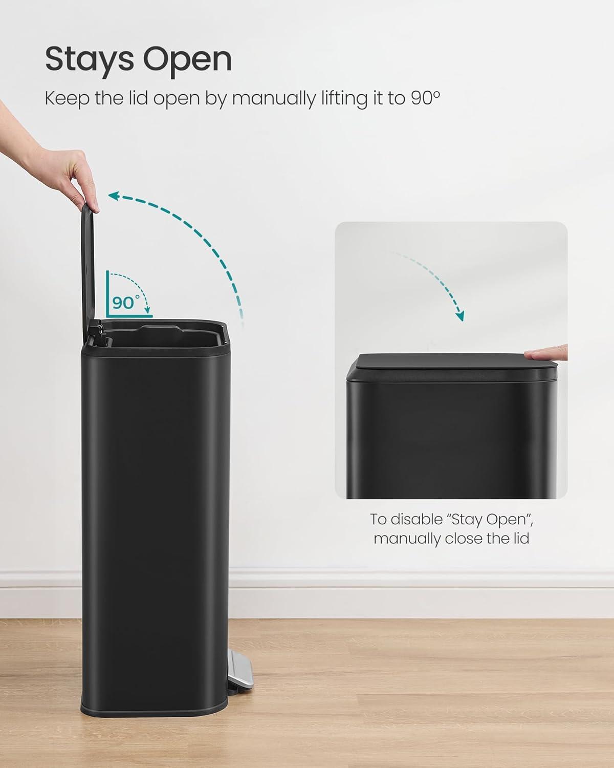 imageSONGMICS Kitchen Trash Can 13Gallon 50 L Garbage Can with Lid Stainless Steel Soft Close and Stays Open Inner Bucket Wide NonSlip Pedal Ink Black ULTB547B01Ink Black
