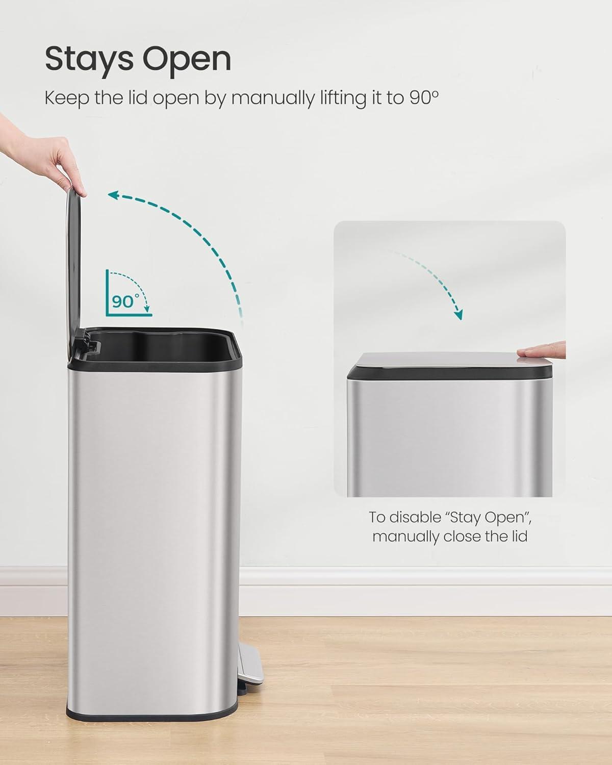 imageSONGMICS Kitchen Trash Can 13Gallon 50 L Garbage Can with Lid Stainless Steel Soft Close and Stays Open Inner Bucket Wide NonSlip Pedal Ink Black ULTB547B01Metallic Silver