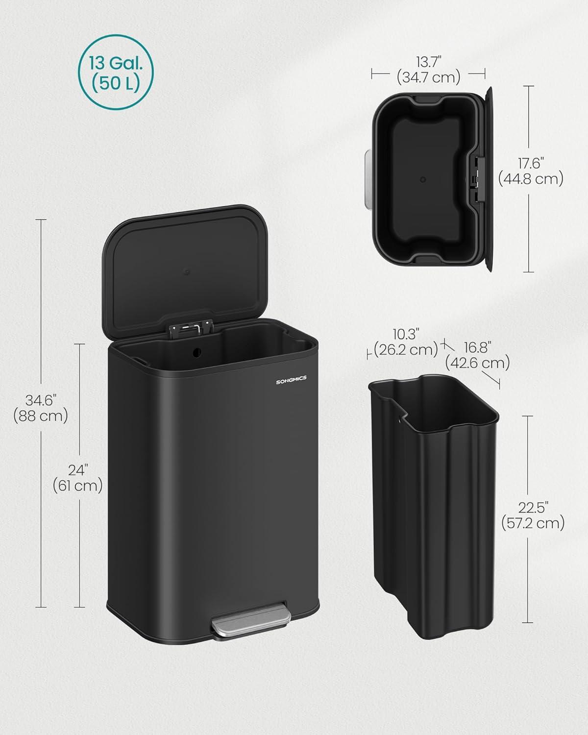 imageSONGMICS Kitchen Trash Can 13Gallon 50 L Garbage Can with Lid Stainless Steel Soft Close and Stays Open Inner Bucket Wide NonSlip Pedal Ink Black ULTB547B01Ink Black