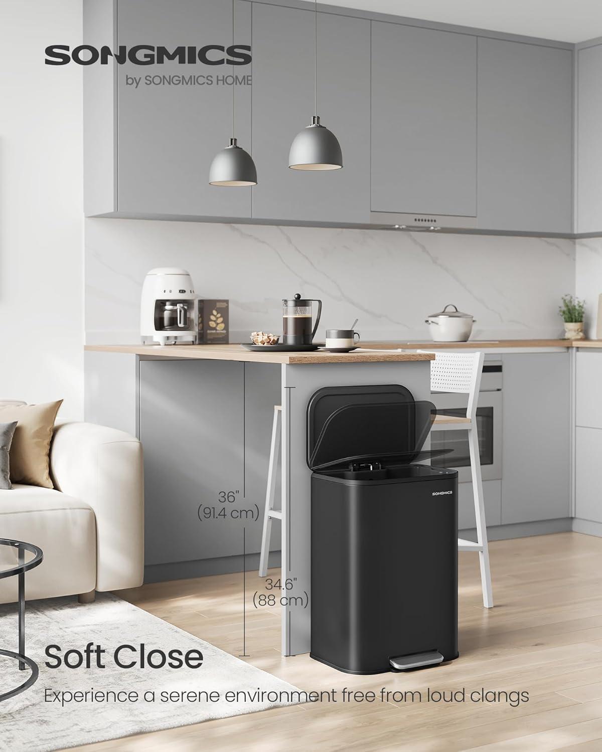 imageSONGMICS Kitchen Trash Can 13Gallon 50 L Garbage Can with Lid Stainless Steel Soft Close and Stays Open Inner Bucket Wide NonSlip Pedal Ink Black ULTB547B01Ink Black