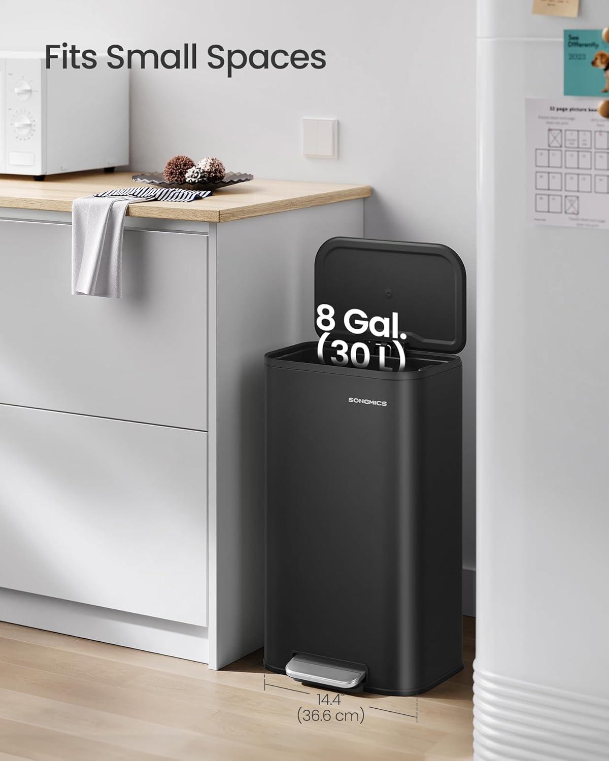 imageSONGMICS Kitchen Trash Can 13Gallon 50 L Garbage Can with Lid Stainless Steel Soft Close and Stays Open Inner Bucket Wide NonSlip Pedal Ink Black ULTB547B01Ink Black