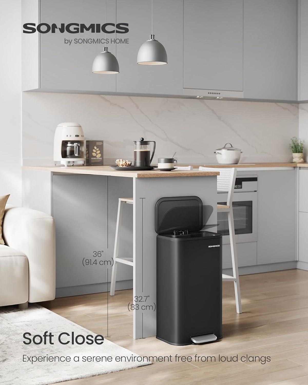 imageSONGMICS Kitchen Trash Can 13Gallon 50 L Garbage Can with Lid Stainless Steel Soft Close and Stays Open Inner Bucket Wide NonSlip Pedal Ink Black ULTB547B01Ink Black