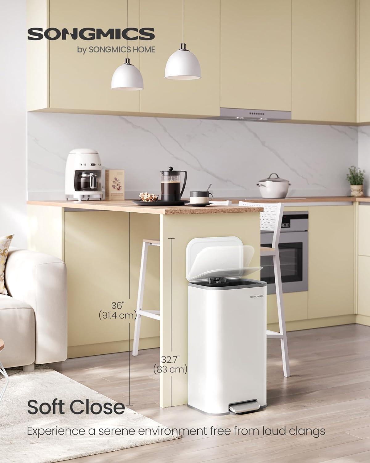 imageSONGMICS Kitchen Trash Can 13Gallon 50 L Garbage Can with Lid Stainless Steel Soft Close and Stays Open Inner Bucket Wide NonSlip Pedal Ink Black ULTB547B01Cloud White