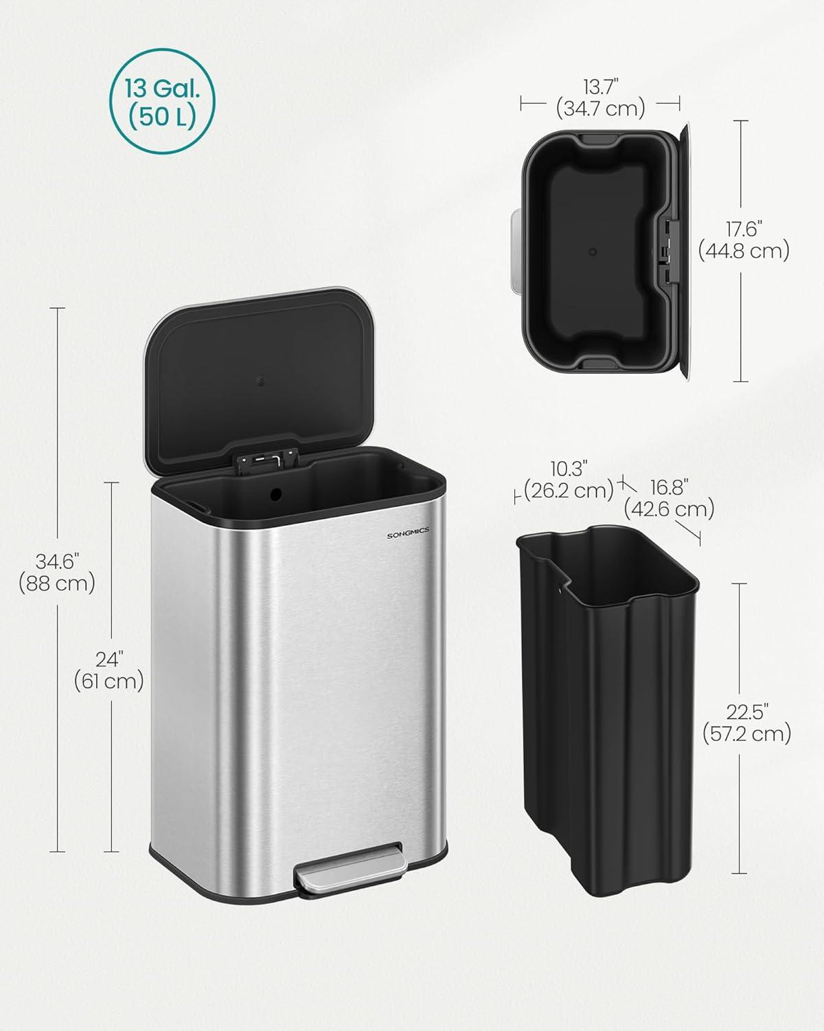 imageSONGMICS Kitchen Trash Can 13Gallon 50 L Garbage Can with Lid Stainless Steel Soft Close and Stays Open Inner Bucket Wide NonSlip Pedal Ink Black ULTB547B01Metallic Silver