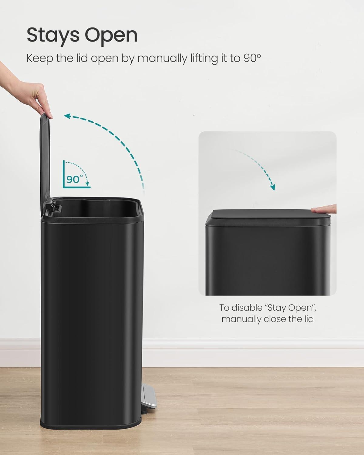 imageSONGMICS Kitchen Trash Can 13Gallon 50 L Garbage Can with Lid Stainless Steel Soft Close and Stays Open Inner Bucket Wide NonSlip Pedal Ink Black ULTB547B01Ink Black