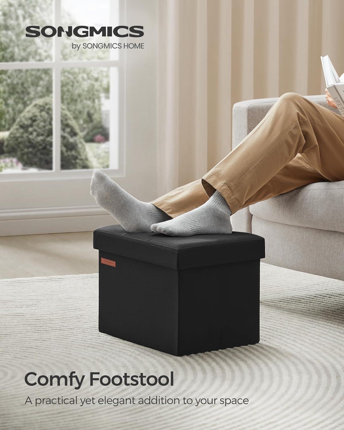 imageSONGMICS MAZIE Collection  Small Folding Storage Ottoman Foot Rest Stool 122 x 161 x 122 Inches 286 lb Load Capacity for Living Room Bedroom Home Office Dorm Light Taupe ULSF102K01Ink Black