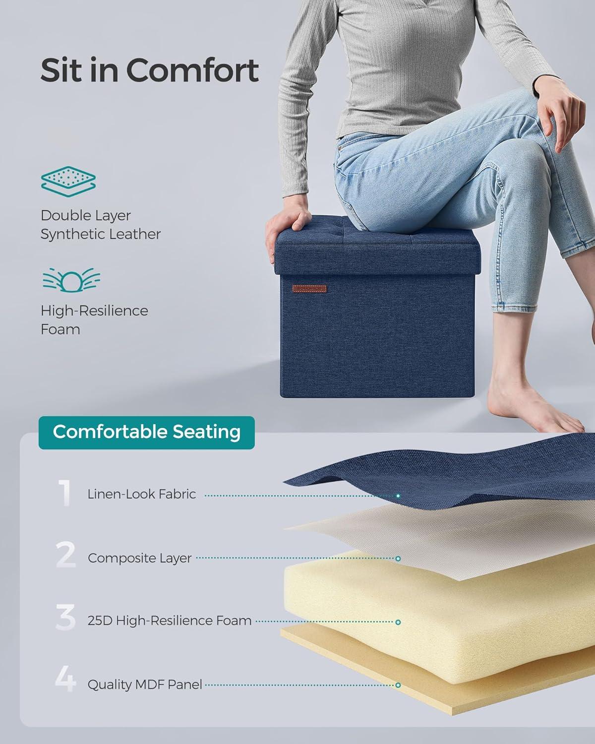 imageSONGMICS MAZIE Collection  Small Folding Storage Ottoman Foot Rest Stool 122 x 161 x 122 Inches 286 lb Load Capacity for Living Room Bedroom Home Office Dorm Light Taupe ULSF102K01Midnight Blue