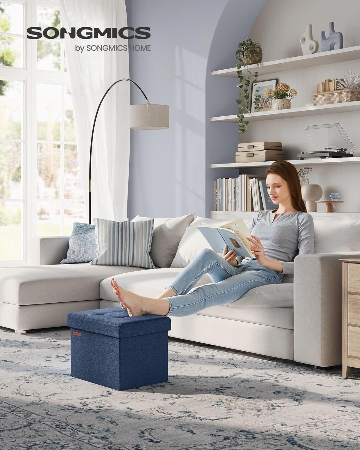 imageSONGMICS MAZIE Collection  Small Folding Storage Ottoman Foot Rest Stool 122 x 161 x 122 Inches 286 lb Load Capacity for Living Room Bedroom Home Office Dorm Light Taupe ULSF102K01Midnight Blue