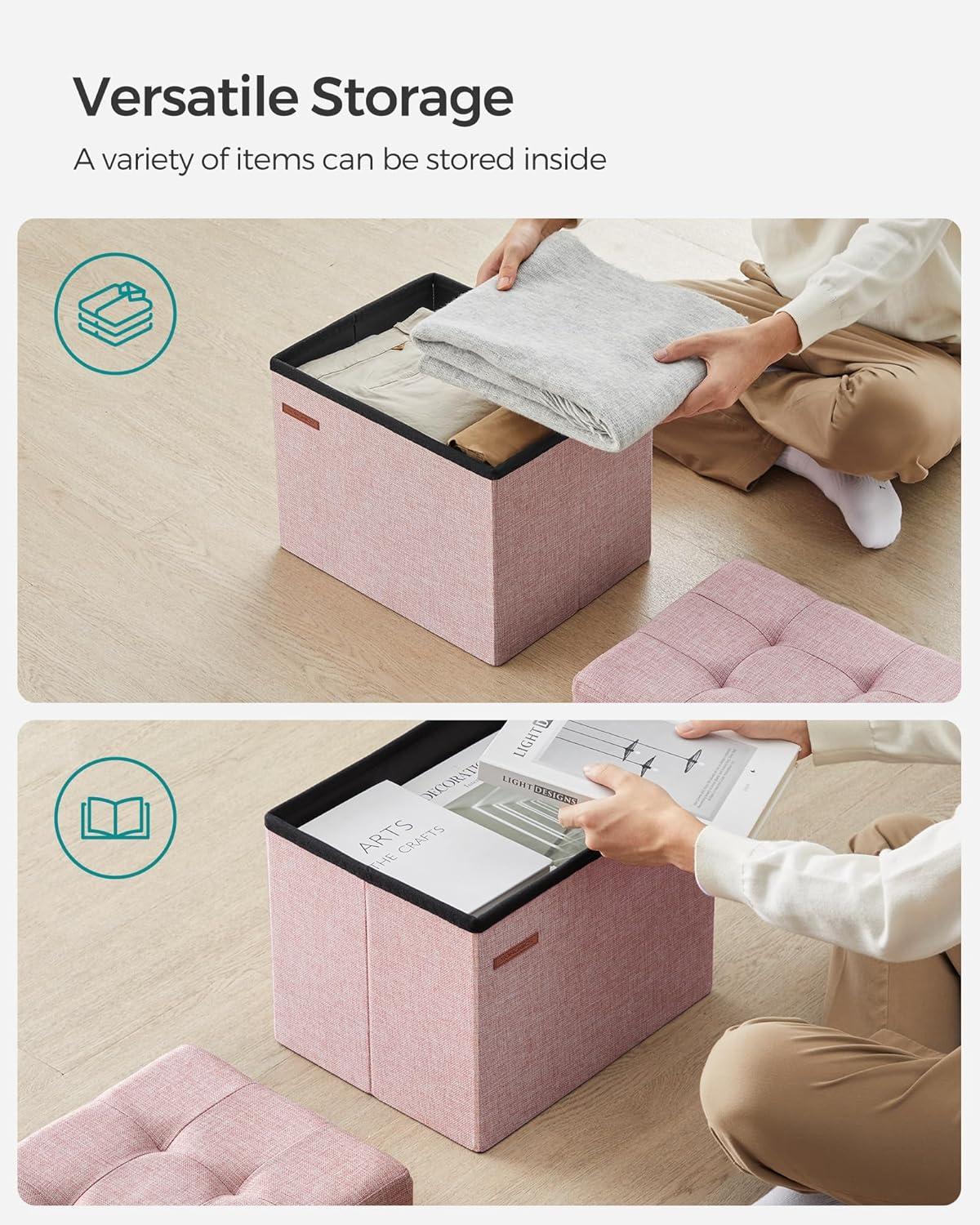 imageSONGMICS MAZIE Collection  Small Folding Storage Ottoman Foot Rest Stool 122 x 161 x 122 Inches 286 lb Load Capacity for Living Room Bedroom Home Office Dorm Light Taupe ULSF102K01Jelly Pink
