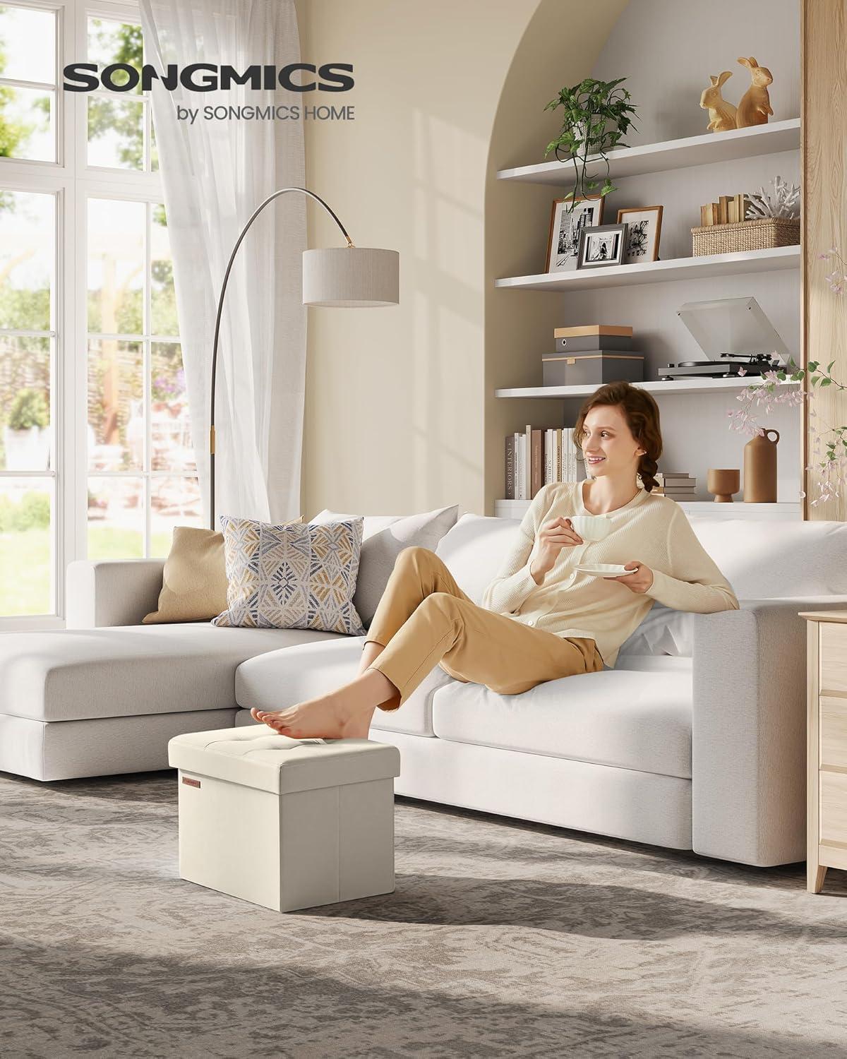 imageSONGMICS MAZIE Collection  Small Folding Storage Ottoman Foot Rest Stool 122 x 161 x 122 Inches 286 lb Load Capacity for Living Room Bedroom Home Office Dorm Light Taupe ULSF102K01Cream White