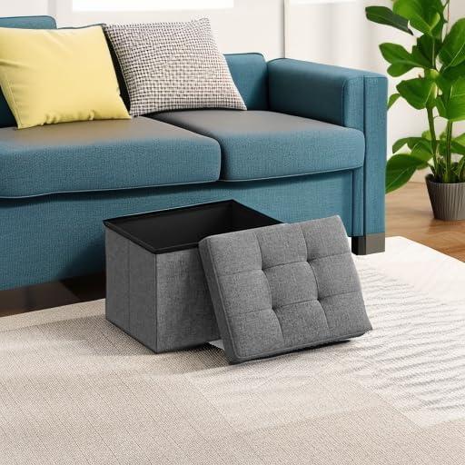 imageSONGMICS MAZIE Collection  Small Folding Storage Ottoman Foot Rest Stool 122 x 161 x 122 Inches 286 lb Load Capacity for Living Room Bedroom Home Office Dorm Light Taupe ULSF102K01Dark Gray