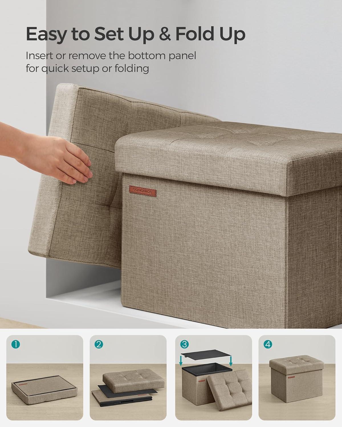 imageSONGMICS MAZIE Collection  Small Folding Storage Ottoman Foot Rest Stool 122 x 161 x 122 Inches 286 lb Load Capacity for Living Room Bedroom Home Office Dorm Light Taupe ULSF102K01Light Taupe