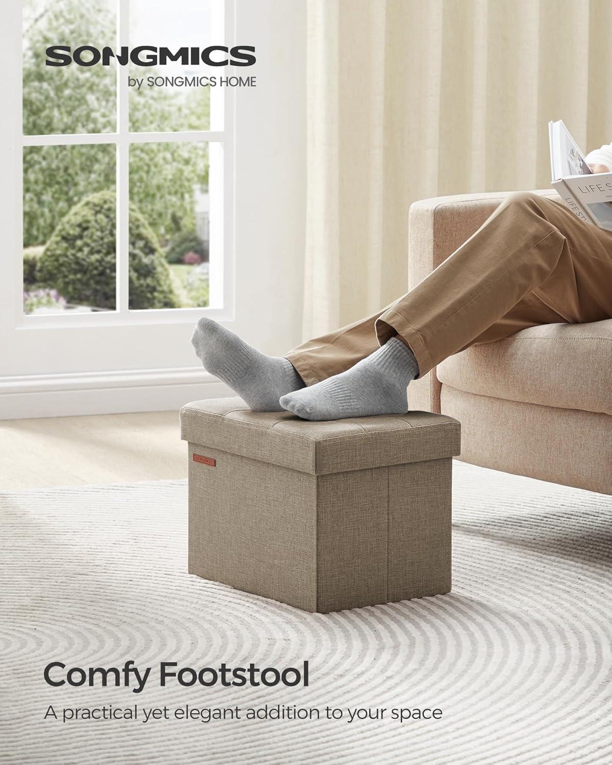 imageSONGMICS MAZIE Collection  Small Folding Storage Ottoman Foot Rest Stool 122 x 161 x 122 Inches 286 lb Load Capacity for Living Room Bedroom Home Office Dorm Light Taupe ULSF102K01Light Taupe