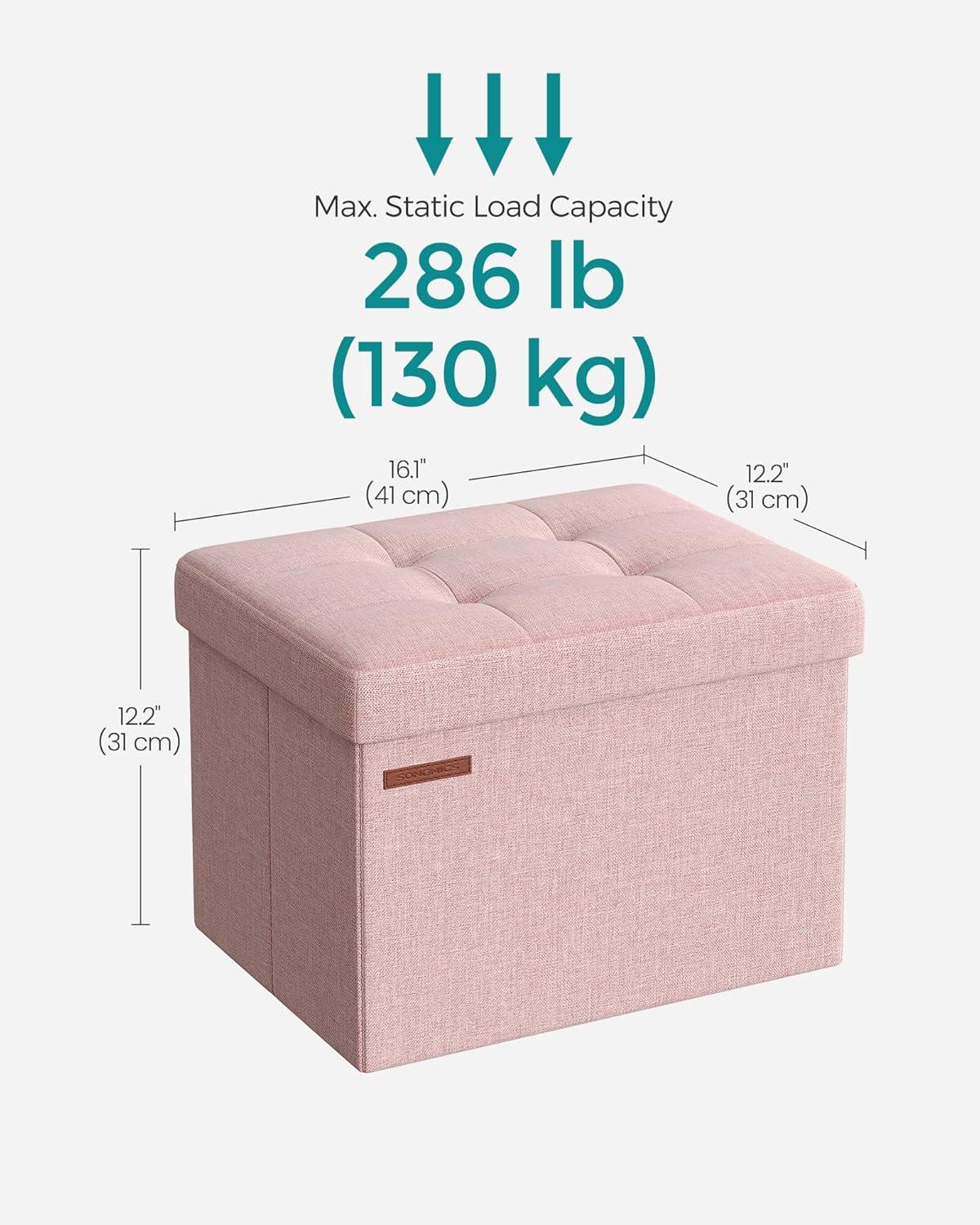 imageSONGMICS MAZIE Collection  Small Folding Storage Ottoman Foot Rest Stool 122 x 161 x 122 Inches 286 lb Load Capacity for Living Room Bedroom Home Office Dorm Light Taupe ULSF102K01Jelly Pink