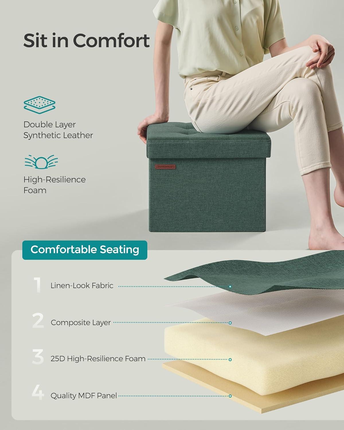 imageSONGMICS MAZIE Collection  Small Folding Storage Ottoman Foot Rest Stool 122 x 161 x 122 Inches 286 lb Load Capacity for Living Room Bedroom Home Office Dorm Light Taupe ULSF102K01Retro Green