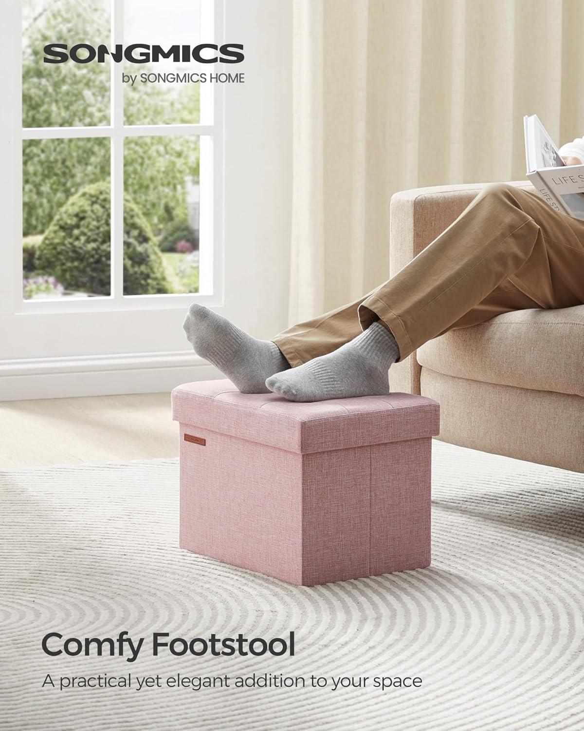 imageSONGMICS MAZIE Collection  Small Folding Storage Ottoman Foot Rest Stool 122 x 161 x 122 Inches 286 lb Load Capacity for Living Room Bedroom Home Office Dorm Light Taupe ULSF102K01Jelly Pink