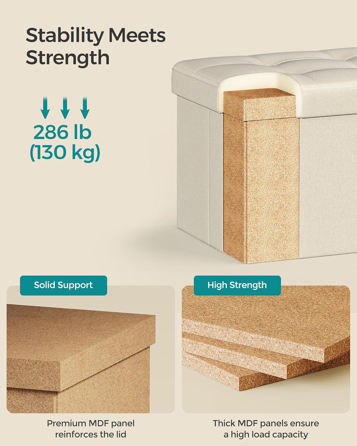 imageSONGMICS MAZIE Collection  Small Folding Storage Ottoman Foot Rest Stool 122 x 161 x 122 Inches 286 lb Load Capacity for Living Room Bedroom Home Office Dorm Light Taupe ULSF102K01Cream White
