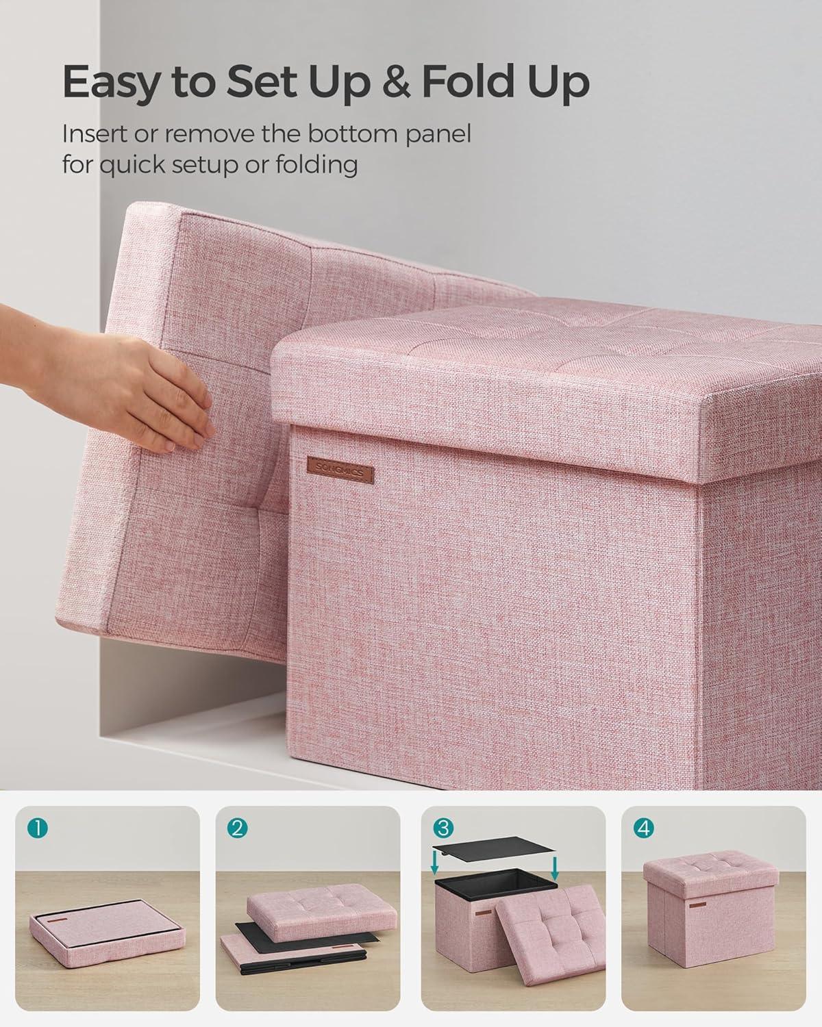 imageSONGMICS MAZIE Collection  Small Folding Storage Ottoman Foot Rest Stool 122 x 161 x 122 Inches 286 lb Load Capacity for Living Room Bedroom Home Office Dorm Light Taupe ULSF102K01Jelly Pink