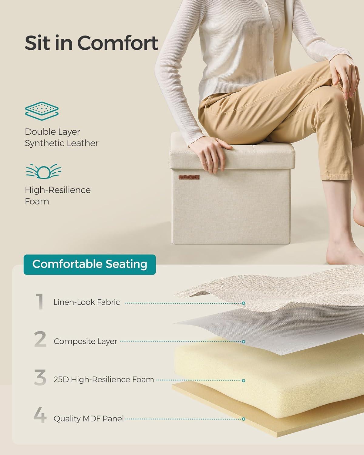 imageSONGMICS MAZIE Collection  Small Folding Storage Ottoman Foot Rest Stool 122 x 161 x 122 Inches 286 lb Load Capacity for Living Room Bedroom Home Office Dorm Light Taupe ULSF102K01Cream White