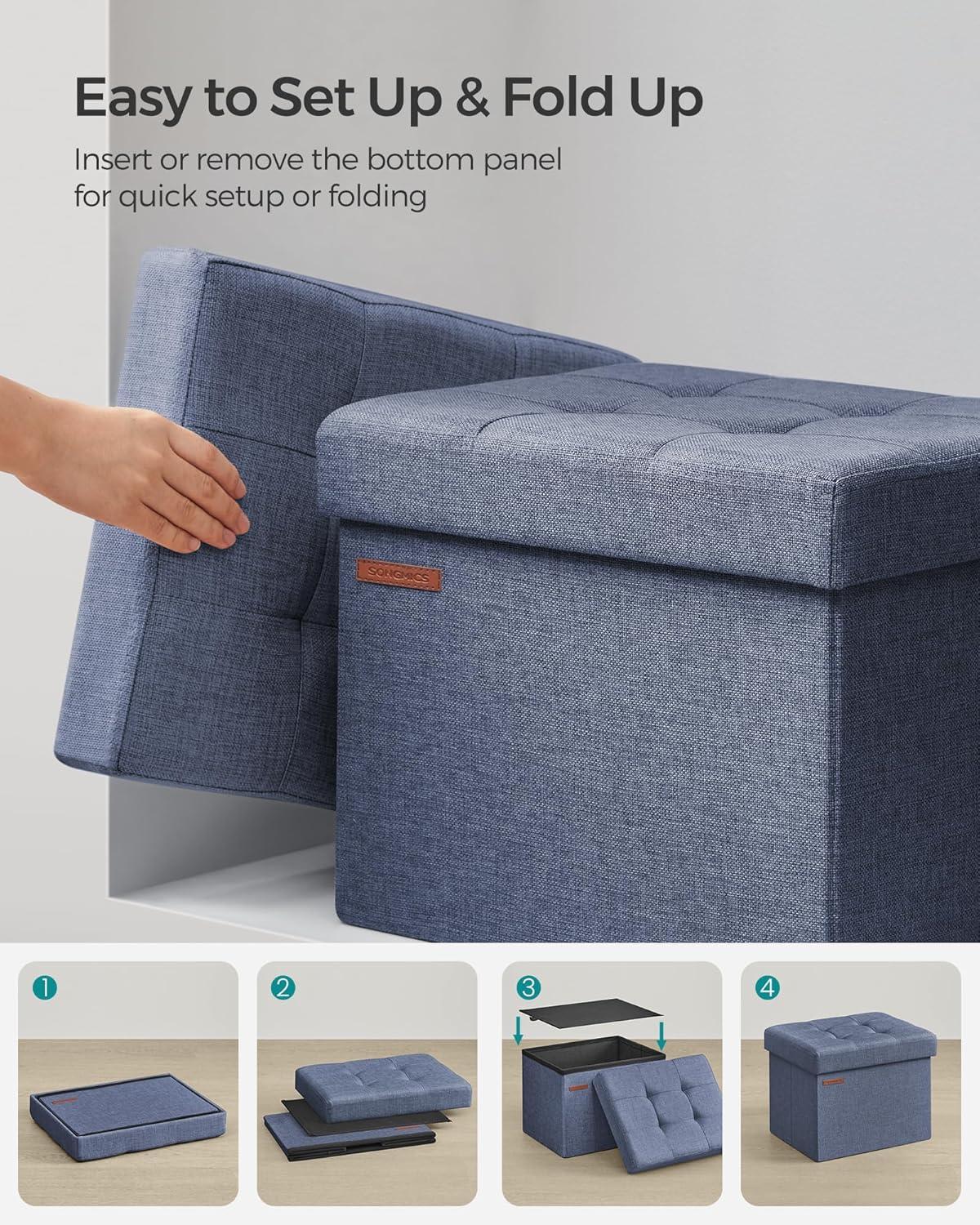 imageSONGMICS MAZIE Collection  Small Folding Storage Ottoman Foot Rest Stool 122 x 161 x 122 Inches 286 lb Load Capacity for Living Room Bedroom Home Office Dorm Light Taupe ULSF102K01Light Denim Blue