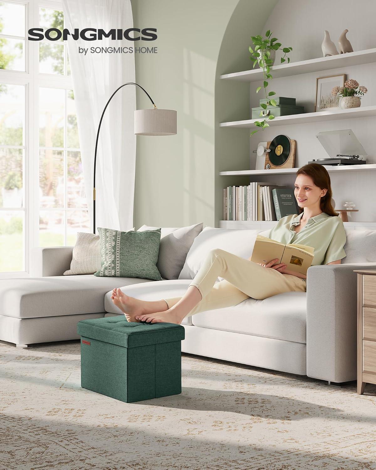imageSONGMICS MAZIE Collection  Small Folding Storage Ottoman Foot Rest Stool 122 x 161 x 122 Inches 286 lb Load Capacity for Living Room Bedroom Home Office Dorm Light Taupe ULSF102K01Retro Green