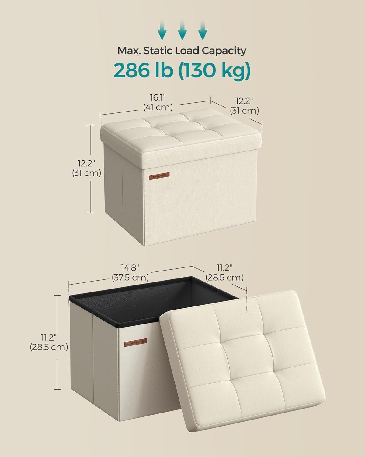 imageSONGMICS MAZIE Collection  Small Folding Storage Ottoman Foot Rest Stool 122 x 161 x 122 Inches 286 lb Load Capacity for Living Room Bedroom Home Office Dorm Light Taupe ULSF102K01Cream White