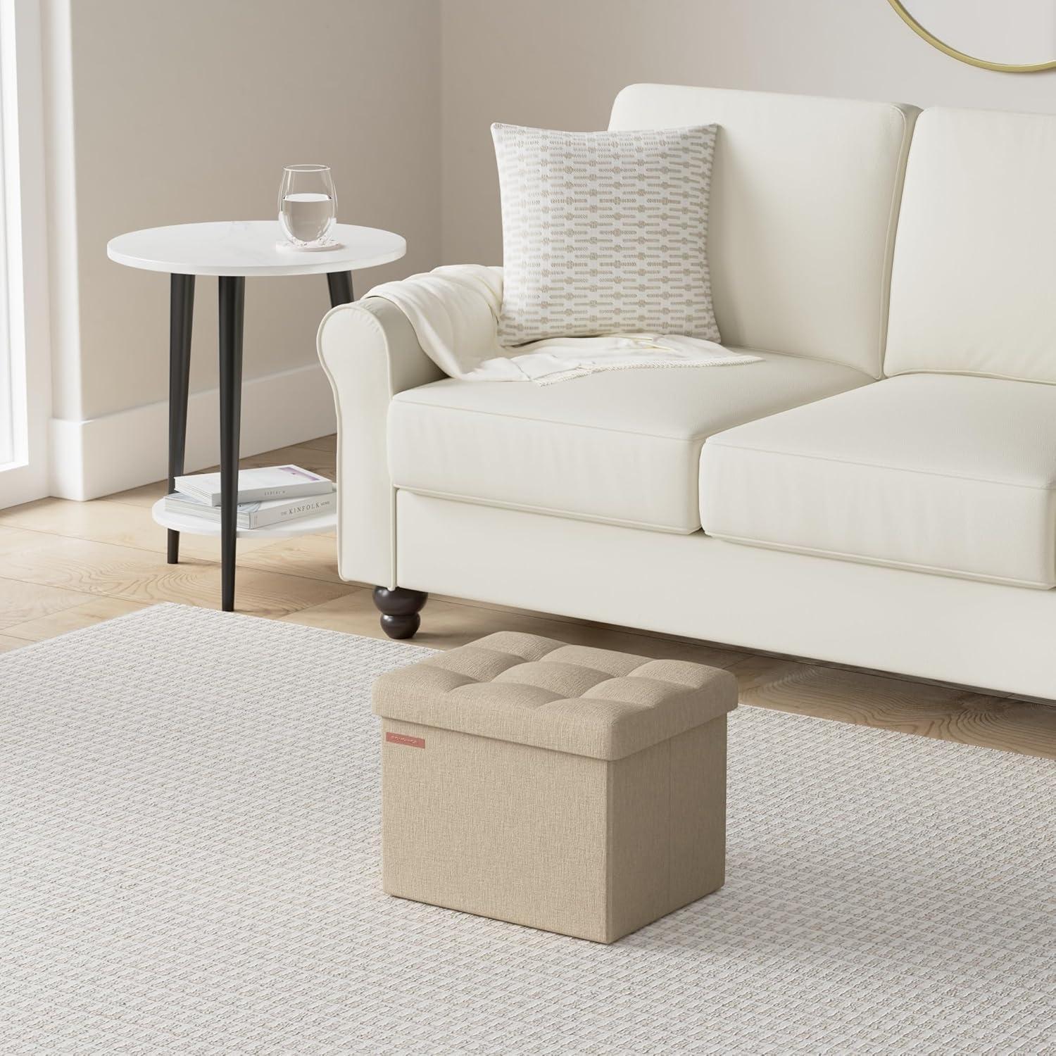 imageSONGMICS MAZIE Collection  Small Folding Storage Ottoman Foot Rest Stool 122 x 161 x 122 Inches 286 lb Load Capacity for Living Room Bedroom Home Office Dorm Light Taupe ULSF102K01Light Taupe