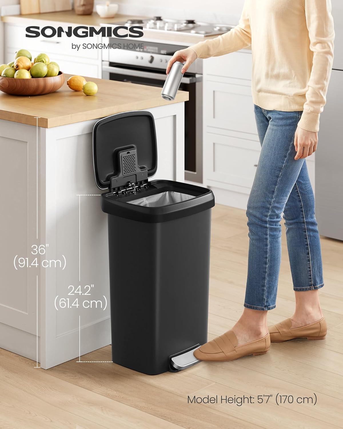 imageSONGMICS Plastic Kitchen Trash Can 12Gallon 45 L Garbage Can with Stainless Steel Lid Soft Close Pedal Waste Bin with Wheels and Rear Handle Ink Black ULTB533B01