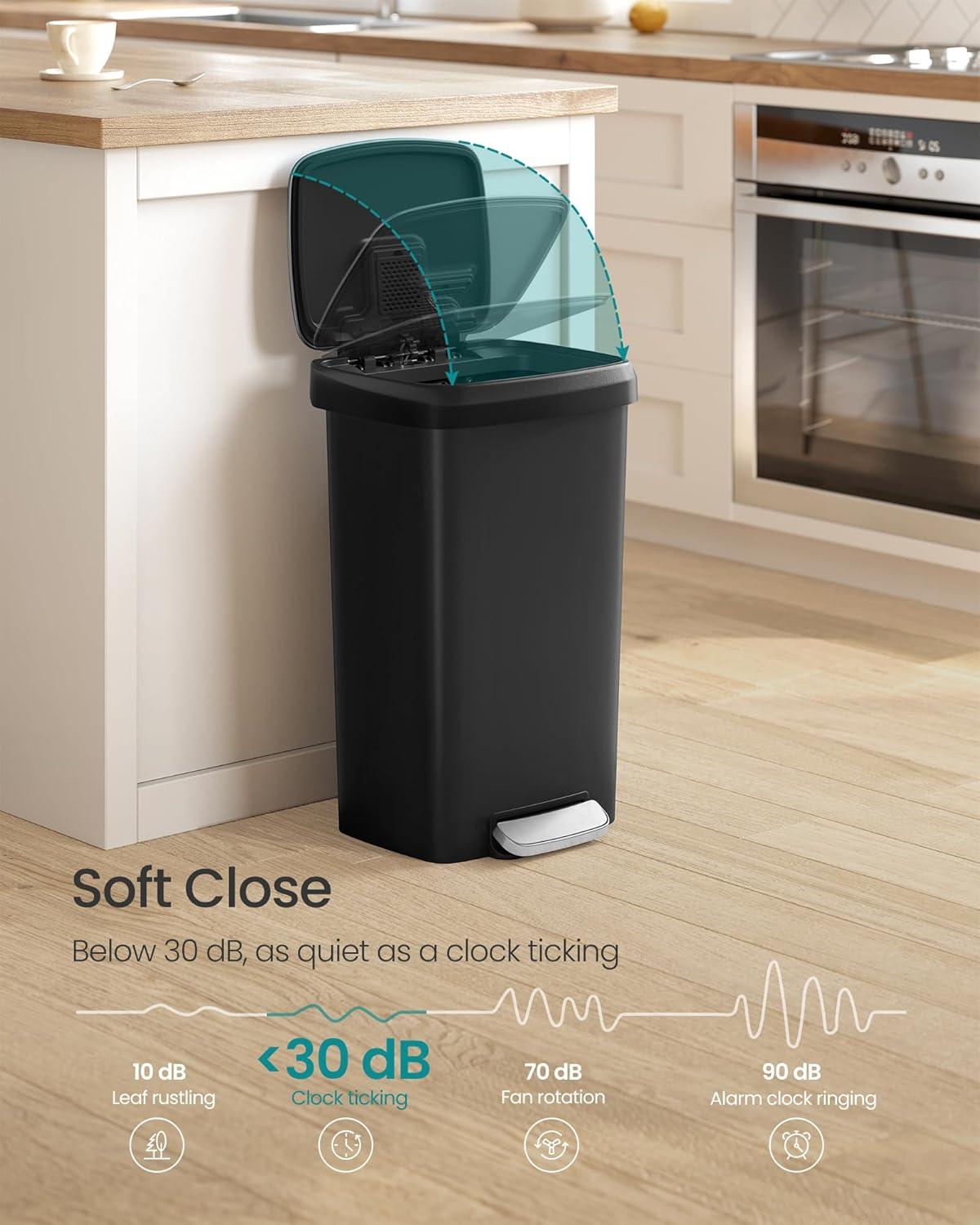 imageSONGMICS Plastic Kitchen Trash Can 12Gallon 45 L Garbage Can with Stainless Steel Lid Soft Close Pedal Waste Bin with Wheels and Rear Handle Ink Black ULTB533B01
