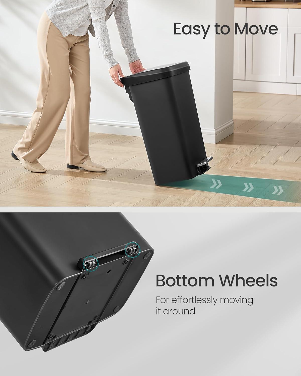 imageSONGMICS Plastic Kitchen Trash Can 12Gallon 45 L Garbage Can with Stainless Steel Lid Soft Close Pedal Waste Bin with Wheels and Rear Handle Ink Black ULTB533B01