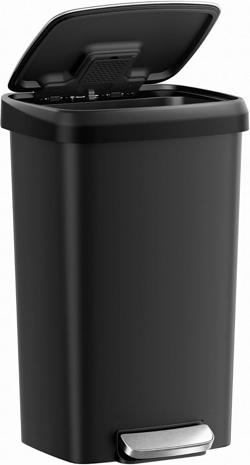 imageSONGMICS Plastic Kitchen Trash Can 12Gallon 45 L Garbage Can with Stainless Steel Lid Soft Close Pedal Waste Bin with Wheels and Rear Handle Ink Black ULTB533B01