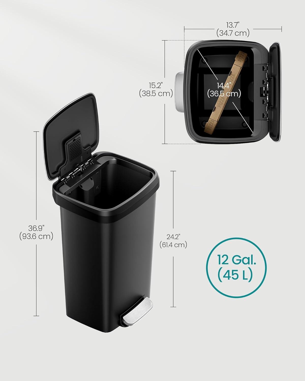 imageSONGMICS Plastic Kitchen Trash Can 12Gallon 45 L Garbage Can with Stainless Steel Lid Soft Close Pedal Waste Bin with Wheels and Rear Handle Ink Black ULTB533B01