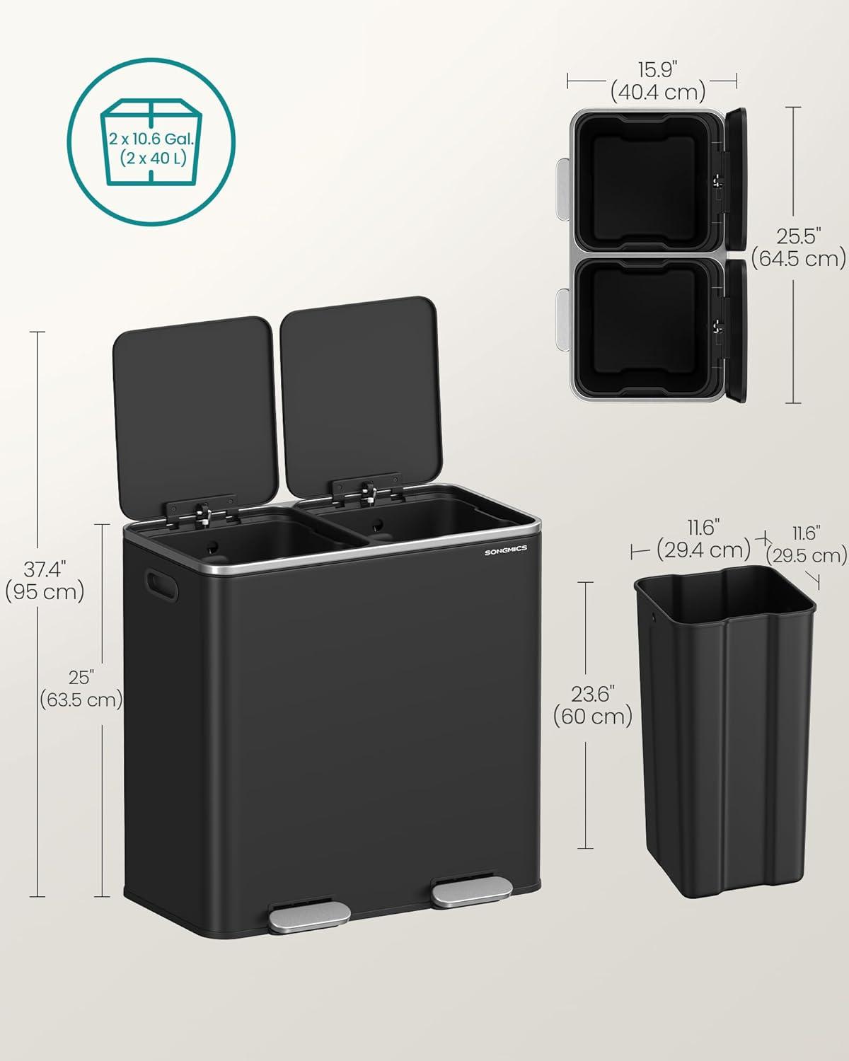 imageSONGMICS Trash Can 2 x 106 Gallon 2 x 40 L Garbage Can for Kitchen with 15 Trash Bags 2 Compartments Plastic Inner Buckets and Hinged Lids Airtight Black ULTB730B80Black