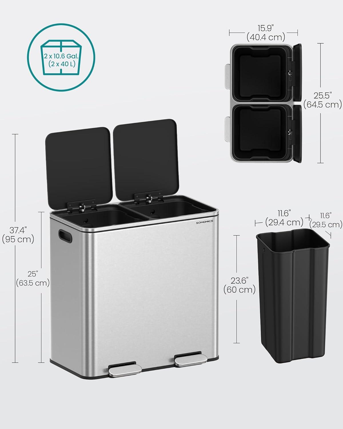 imageSONGMICS Trash Can 2 x 106 Gallon 2 x 40 L Garbage Can for Kitchen with 15 Trash Bags 2 Compartments Plastic Inner Buckets and Hinged Lids Airtight Black ULTB730B80Silver  Black