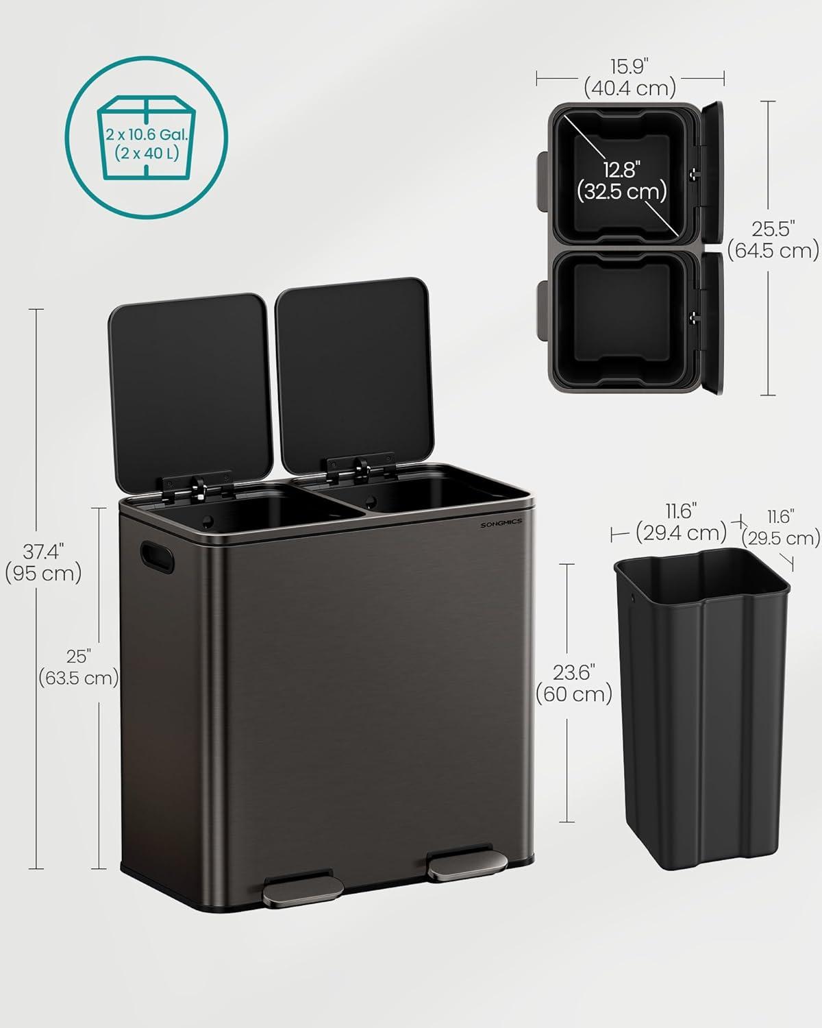 imageSONGMICS Trash Can 2 x 106 Gallon 2 x 40 L Garbage Can for Kitchen with 15 Trash Bags 2 Compartments Plastic Inner Buckets and Hinged Lids Airtight Black ULTB730B80Slate Gray