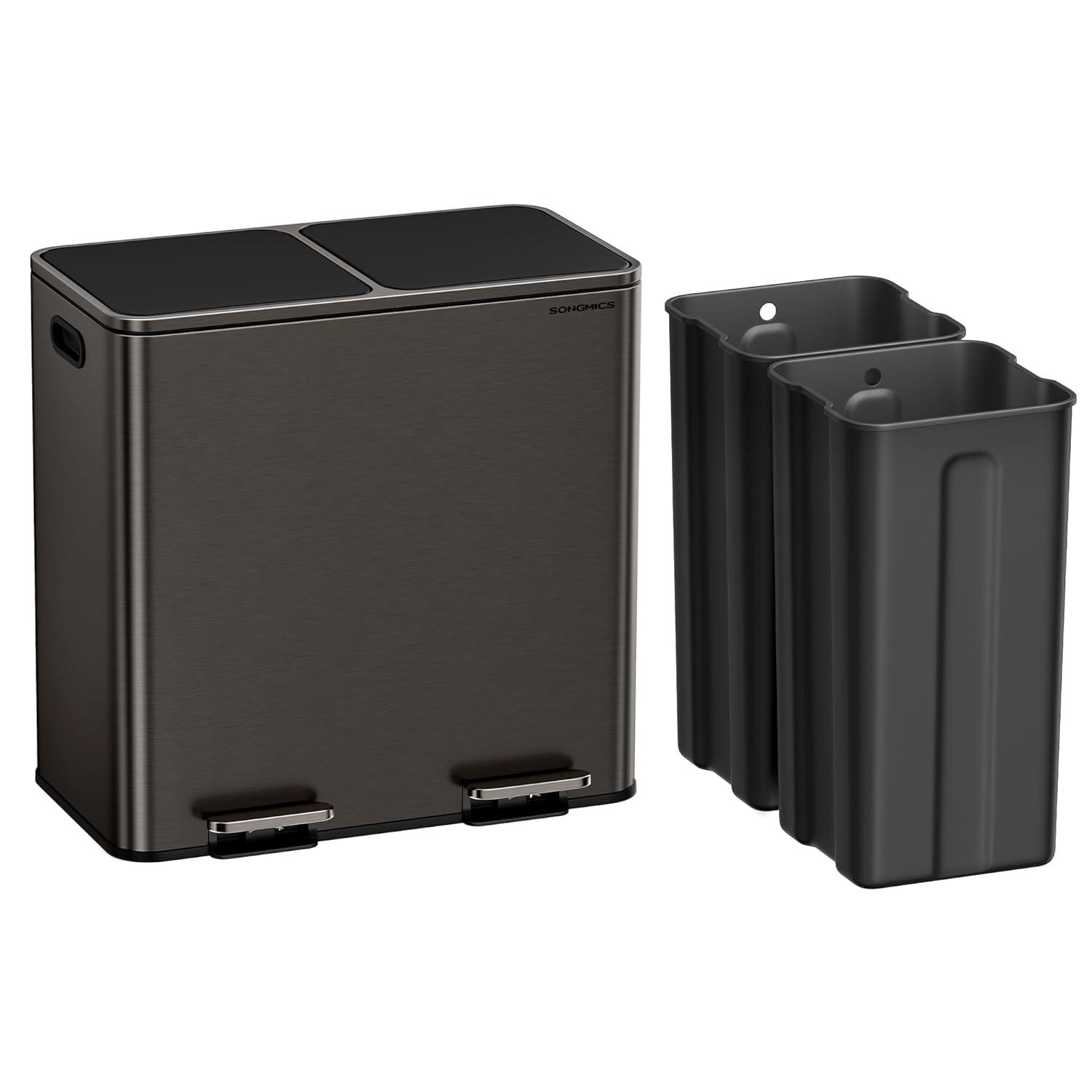 imageSONGMICS Trash Can 2 x 106 Gallon 2 x 40 L Garbage Can for Kitchen with 15 Trash Bags 2 Compartments Plastic Inner Buckets and Hinged Lids Airtight Black ULTB730B80Slate Gray