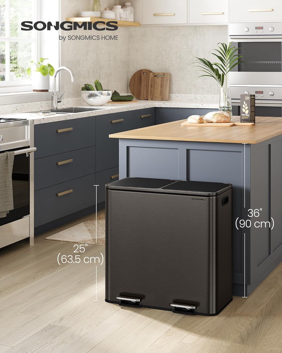 imageSONGMICS Trash Can 2 x 106 Gallon 2 x 40 L Garbage Can for Kitchen with 15 Trash Bags 2 Compartments Plastic Inner Buckets and Hinged Lids Airtight Black ULTB730B80Slate Gray