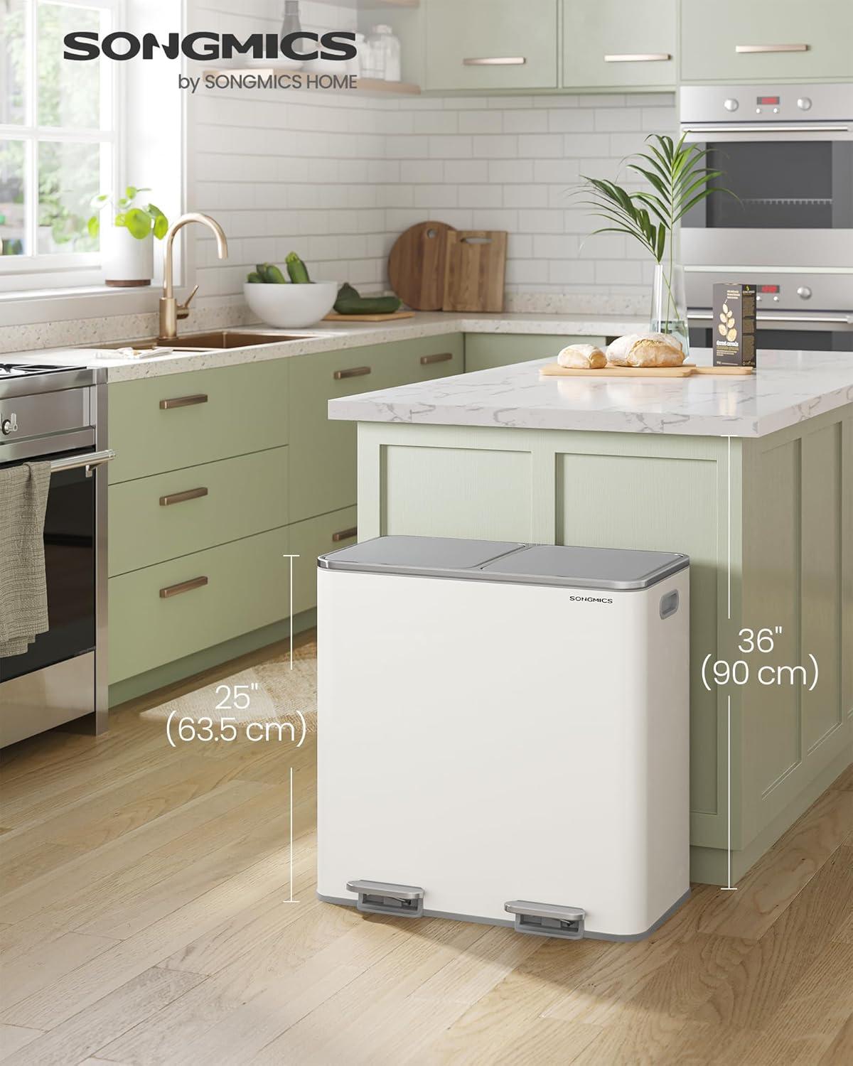 imageSONGMICS Trash Can 2 x 106 Gallon 2 x 40 L Garbage Can for Kitchen with 15 Trash Bags 2 Compartments Plastic Inner Buckets and Hinged Lids Airtight Black ULTB730B80White  Gray