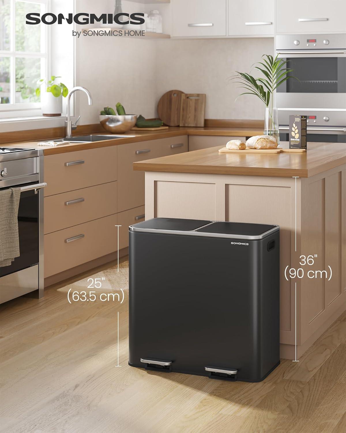 imageSONGMICS Trash Can 2 x 106 Gallon 2 x 40 L Garbage Can for Kitchen with 15 Trash Bags 2 Compartments Plastic Inner Buckets and Hinged Lids Airtight Black ULTB730B80Black