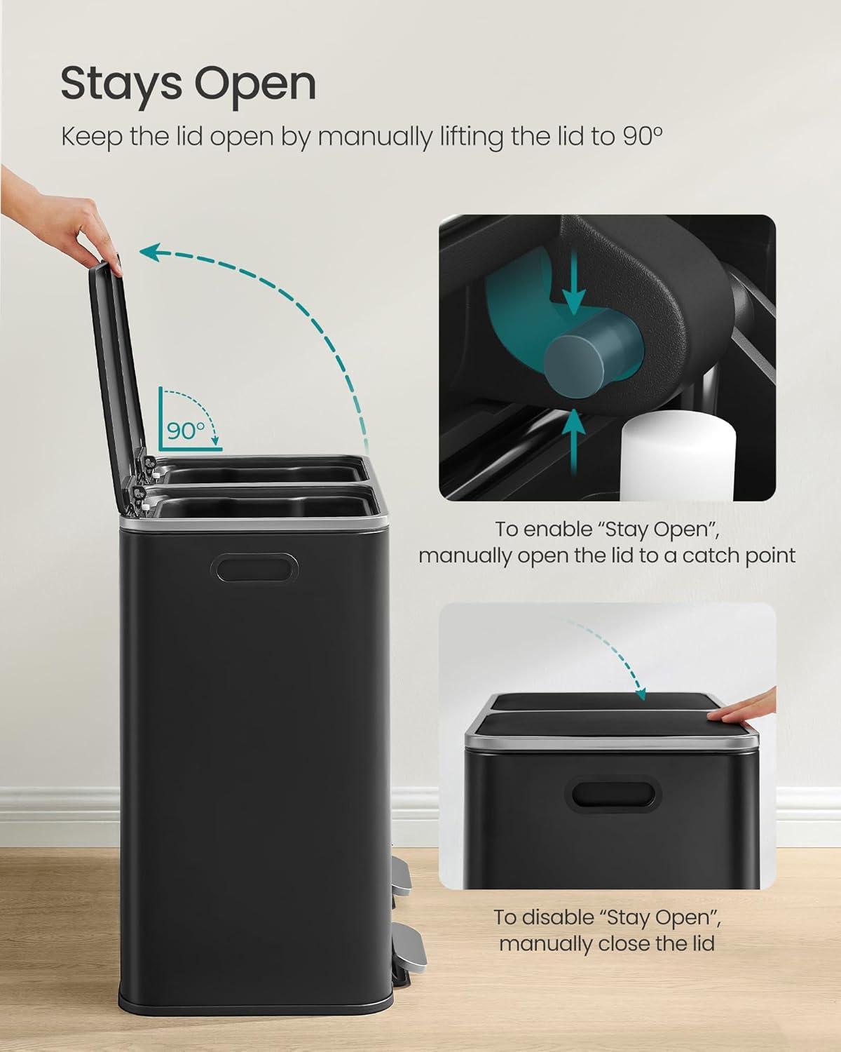imageSONGMICS Trash Can 2 x 106 Gallon 2 x 40 L Garbage Can for Kitchen with 15 Trash Bags 2 Compartments Plastic Inner Buckets and Hinged Lids Airtight Black ULTB730B80Black