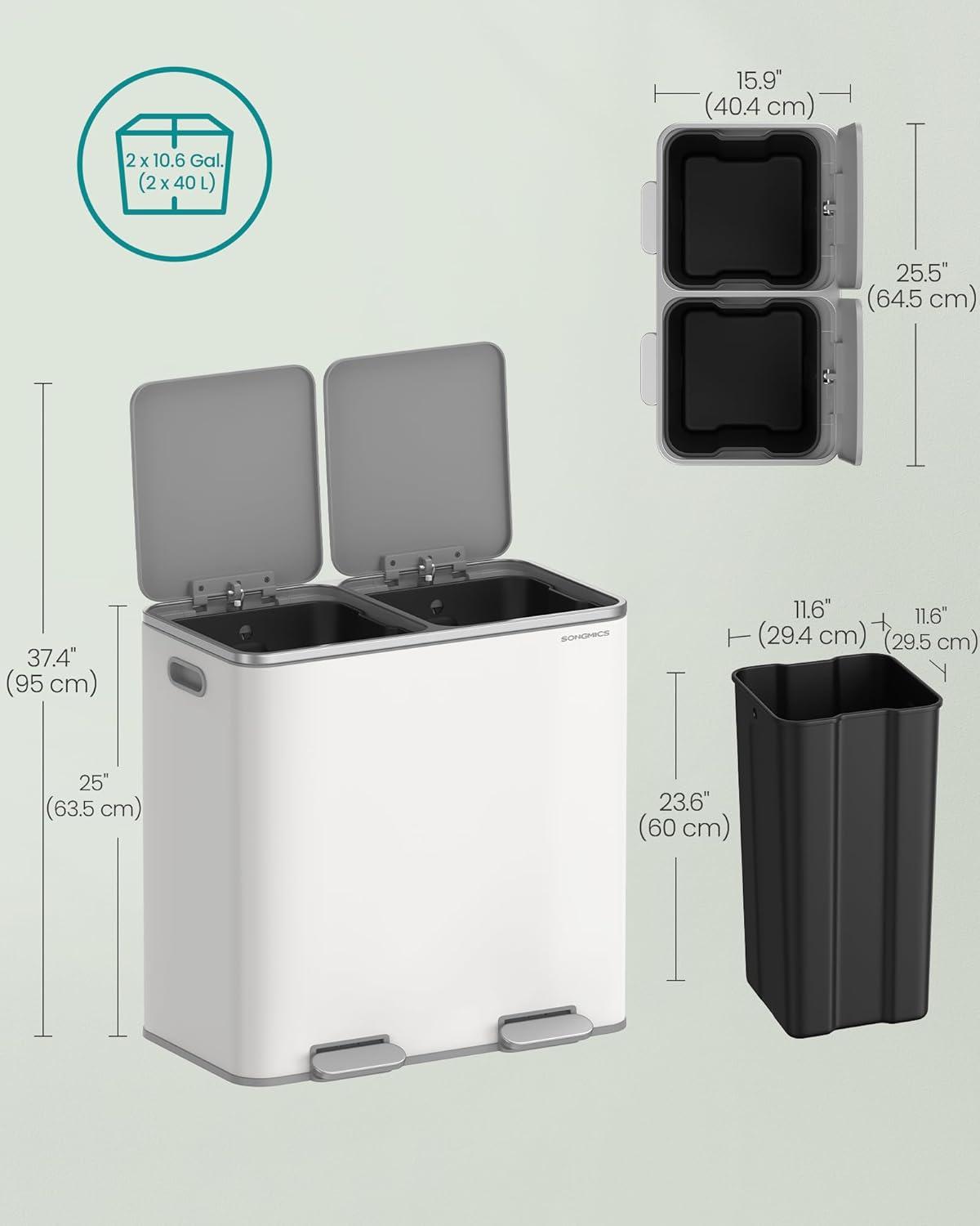 imageSONGMICS Trash Can 2 x 106 Gallon 2 x 40 L Garbage Can for Kitchen with 15 Trash Bags 2 Compartments Plastic Inner Buckets and Hinged Lids Airtight Black ULTB730B80White  Gray