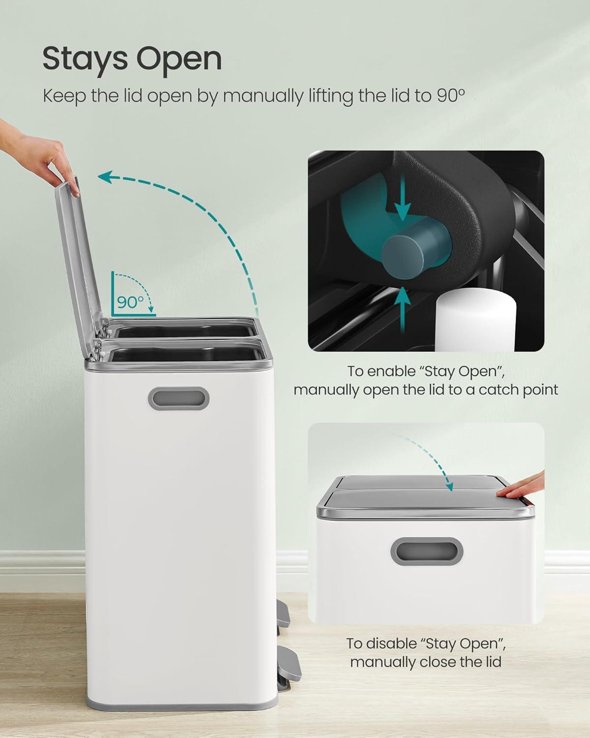 imageSONGMICS Trash Can 2 x 106 Gallon 2 x 40 L Garbage Can for Kitchen with 15 Trash Bags 2 Compartments Plastic Inner Buckets and Hinged Lids Airtight Black ULTB730B80White  Gray