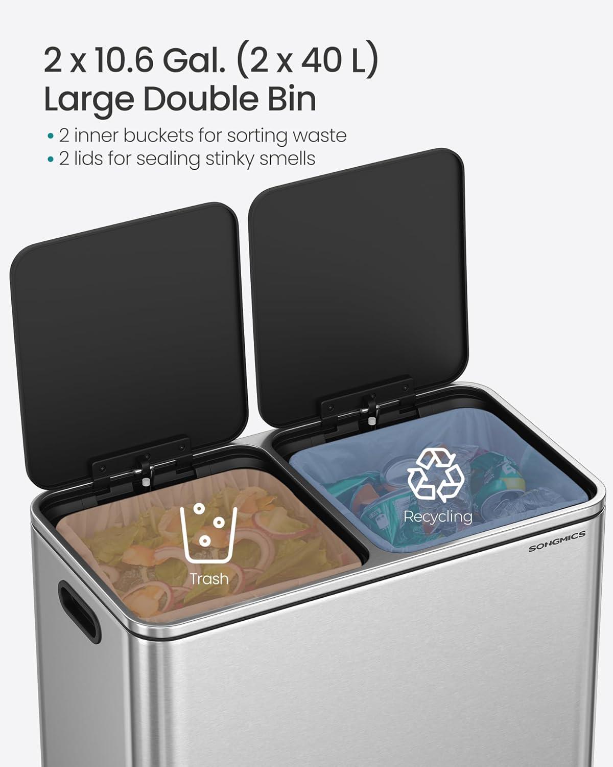imageSONGMICS Trash Can 2 x 106 Gallon 2 x 40 L Garbage Can for Kitchen with 15 Trash Bags 2 Compartments Plastic Inner Buckets and Hinged Lids Airtight Black ULTB730B80Silver  Black